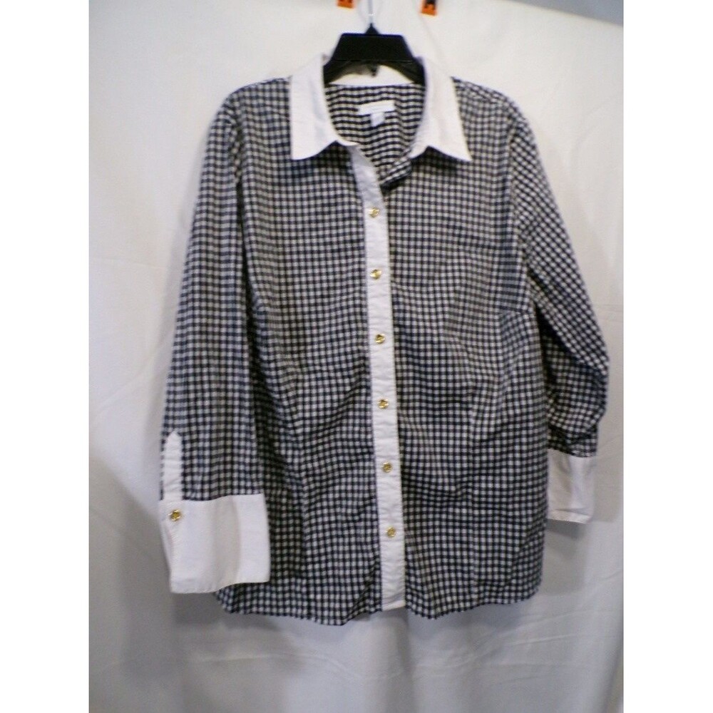 Charter Club Women's 3X Gingham Button-Up Blouse Black White